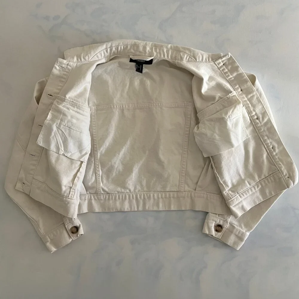 Forever 21 Cream Cropped Button Up Cotton Denim Jacket - Picture 5 of 7